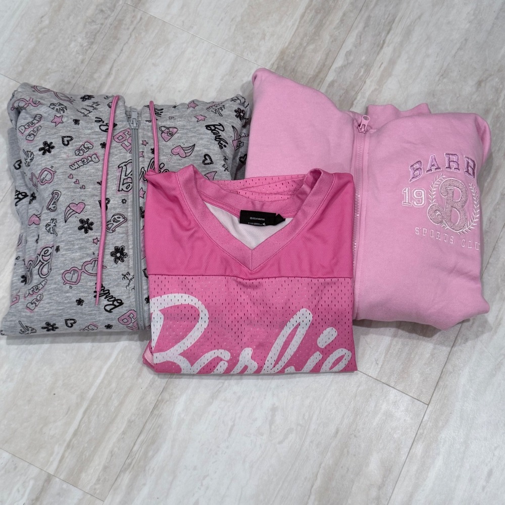 Barbie Bundle 2 Zip Up Hoodies and 1 Mesh Jersey Pink Grey XL L 3pc Lot